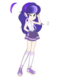 Size: 1977x2552 | Tagged: safe, artist:harmonyvitality-yt, imported from derpibooru, oc, oc only, human, equestria girls, base used, clothes, female, one eye closed, shoes, simple background, skirt, smiling, socks, solo, transparent background, wink