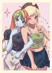 Size: 2480x3508 | Tagged: safe, artist:靖友, imported from derpibooru, applejack, rainbow dash, human, equestria girls, appledash, bare shoulders, blushing, duo, female, grin, lesbian, shipping, sleeveless, smiling