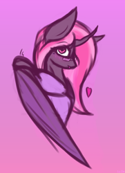 Size: 1528x2107 | Tagged: safe, artist:lu.de, imported from derpibooru, oc, oc only, oc:sithilis, bat pony, changeling, hybrid, gradient background, looking at you, simple background, solo