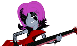 Size: 1280x763 | Tagged: safe, artist:harmonicdreemur1308, imported from derpibooru, oc, oc only, human, equestria girls, base used, clothes, female, grin, guitar, musical instrument, simple background, smiling, solo, tattoo, white background