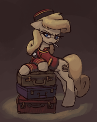 Size: 422x528 | Tagged: safe, artist:plunger, oc, oc only, oc:belle hop, earth pony, pony, angry, cigarette, clothes, earth pony oc, eyebrows, female, floppy ears, hat, leaning, mare, simple background, smoking, solo, suitcase, unamused, uniform