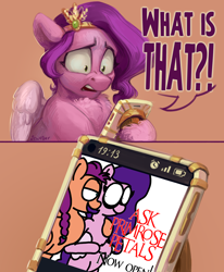 Size: 2500x3030 | Tagged: safe, artist:jewellier, artist:professorventurer, derpibooru exclusive, imported from derpibooru, pipp petals, sunny starscout, earth pony, pegasus, pony, series:ask pippamena, bipedal, cellphone, duo, exploitable meme, female, g5, hoof hold, lesbian, mare, meme, meme template, meta, open, phone, pinpoint eyes, pipp petals is not amused, pippamena, pregnant, primrose petals, reaction image, shipping, shocked, shocked expression, solo, speech, sunnypipp, talking, template, text, unamused