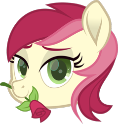 Size: 939x983 | Tagged: safe, artist:lincolnbrewsterfan, derpibooru exclusive, imported from derpibooru, roseluck, earth pony, pony, derpibooru, derpibooru community collaboration, .svg available, a rose for you, bedroom eyes, bust, colored eyebrows, colored pupils, derpibooru badge, female, flower, green eyes, inkscape, lidded eyes, mare, meta, movie accurate, rose, simple background, solo, svg, transparent background, vector