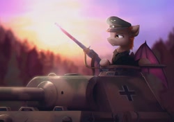 Size: 2048x1438 | Tagged: safe, artist:itssim, imported from derpibooru, oc, oc only, oc:devin, bat pony, pony, ammunition, balkenkreuz, bat pony oc, bat wings, camouflage, cannon, clothes, commander, german, gun, hat, historically accurate footage, insignia, machine gun, male, morning, nazi, outdoors, panther (tank), panzer, scenery, scenery porn, solo, stallion, sunshine, tank (vehicle), totenkopf, tree, uniform, vehicle, war, weapon, wehrmacht, wings, world war ii