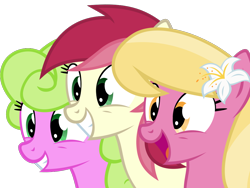 Size: 1000x750 | Tagged: safe, alternate version, artist:the smiling pony, derpibooru exclusive, imported from derpibooru, daisy, flower wishes, lily, lily valley, roseluck, earth pony, pony, derpibooru, derpibooru community collaboration, .svg available, bust, cute, derpibooru badge, female, flower trio, green eyes, inkscape, lilybetes, mare, meta, rosabetes, simple background, svg, transparent background, trio, trio female, vector