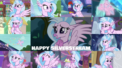 Size: 1978x1113 | Tagged: safe, editor:quoterific, imported from derpibooru, fluttershy, silverstream, butterfly, cockatrice, hippogriff, a matter of principals, marks for effort, school daze, school raze, she's all yak, student counsel, the hearth's warming club, uprooted, what lies beneath, collage, cute, diastreamies, edith, happy, library, school of friendship, smiling
