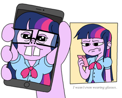 Size: 1251x1001 | Tagged: safe, artist:notfocks, imported from derpibooru, part of a set, twilight sparkle, human, equestria girls, comic, cute, female, funny, iphone, nerd, phone, selfie, simple background, smartphone, solo, text, white background