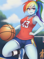 Size: 1020x1360 | Tagged: safe, imported from derpibooru, rainbow dash, human, equestria girls, ai content, ai generated, ball, basketball, blushing, breasts, busty rainbow dash, clothes, eye clipping through hair, eyebrows, eyebrows visible through hair, generator:novelai, generator:stable diffusion, looking at you, open mouth, open smile, outdoors, ponytail, prompter:sammykun, shoes, shorts, smiling, smiling at you, sneakers, solo focus, sports, sports outfit, sports shorts, sweat