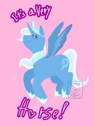 Size: 1536x2048 | Tagged: safe, artist:sylvsforest, imported from derpibooru, trixie, alicorn, pony, alicornified, grammar error, horn, meme, pink background, princess of humility, race swap, signature, simple background, solo, spread wings, tail, trixiecorn, wings