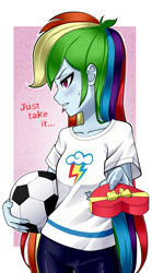 Size: 1225x2200 | Tagged: safe, artist:nekojackun, imported from derpibooru, rainbow dash, human, equestria girls, ball, blushing, clothes, eyebrows, female, football, frown, heart, holiday, looking away, pants, sexy, solo, sports, teeth, tsunderainbow, tsundere, valentine's day