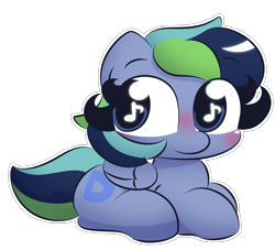 Size: 2200x2000 | Tagged: safe, artist:cushyhoof, imported from derpibooru, oc, oc only, oc:dark derp, pegasus, blue pony, blushing, cute, female, lying down, mare, music notes, pegasus oc, simple background, solo, transparent background