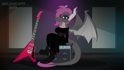 Size: 8000x4500 | Tagged: safe, alternate version, artist:metalhead97, imported from derpibooru, oc, oc:veitie, anthro, dragon, amp, anthro oc, boots, clothes, corset, dragoness, dress, electric guitar, eyeliner, female, guitar, looking at you, makeup, metalhead, musical instrument, nose piercing, outfit, piercing, presenting, recording studio, shoes, show accurate, spread wings, wings