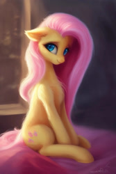 Size: 1024x1536 | Tagged: safe, imported from derpibooru, fluttershy, pegasus, pony, ai content, ai generated, bed, cute, eyelashes, female, fluffy, generator:purplesmart.ai, generator:stable diffusion, looking at you, mare, prompter:nightluna, shyabetes, sitting, smiling, smiling at you, solo, wingless