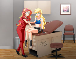 Size: 1280x989 | Tagged: safe, artist:shinta-girl, imported from derpibooru, applejack, sunset shimmer, human, equestria girls, appleshimmer, chair, checkup, clothes, couple, doctor, female, humanized, nurse, scrubs (gear), shipping, sports bra, stethoscope, stool