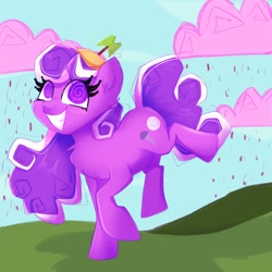 Size: 2048x2048 | Tagged: safe, artist:plushtrapez, imported from derpibooru, screwball, earth pony, pony, chocolate, chocolate rain, cloud, female, food, grin, high res, mare, rain, smiling, solo