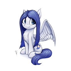 Size: 1600x1600 | Tagged: safe, artist:t15, imported from derpibooru, oc, oc only, pegasus, chest fluff, colored sketch, commission, looking at you, pegasus oc, signature, simple background, sitting, sketch, smiling, smiling at you, solo, white background
