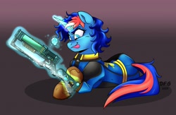 Size: 3643x2373 | Tagged: safe, artist:dragonfoxgirl, imported from derpibooru, oc, oc only, oc:ryo, pony, unicorn, fallout equestria, clothes, gun, horn, jumpsuit, laser rifle, levitation, magic, science fiction, solo, telekinesis, unicorn oc, vault suit, weapon