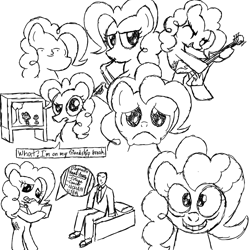 Size: 1000x1000 | Tagged: safe, artist:scootaloormayfly, imported from derpibooru, pinkie pie, oc, oc:anon, earth pony, human, pony, black and white, grayscale, guitar, le lenny face, looking at you, monochrome, musical instrument, necktie, sad, saxophone, simple background, sketch, sketch dump, television, text, white background