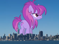 Size: 2048x1536 | Tagged: safe, artist:starryshineviolet, edit, editor:jaredking779, imported from derpibooru, glitter spritz, earth pony, pony, background pony, california, female, giant pony, giant/macro earth pony, giantess, highrise ponies, irl, macro, mare, mega giant, photo, ponies in real life, san francisco, smiling, solo