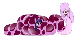 Size: 2300x1100 | Tagged: safe, artist:stavrosskunk, imported from derpibooru, twilight sparkle, oc, oc:magisa, hybrid, pony, python, snake, unicorn, anaconda, coils, collar, constriction, duo, duo female, female, looking at each other, looking at someone, non-mlp oc, non-pony oc, simple background, transparent background