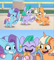 Size: 1500x1682 | Tagged: safe, edit, edited screencap, imported from derpibooru, screencap, earth pony, pegasus, pony, unicorn, spoiler:g5, spoiler:my little pony: tell your tale, spoiler:tyts01e41, spoiler:tyts01e47, a day in the life, animation error, cellphone, eyebrows, female, filly, foal, g5, glory (g5), grin, my little pony: tell your tale, peach fizz, phone, pippsqueak trio, pippsqueaks, raised eyebrow, seashell (g5), smartphone, smiling, sunny's smoothie moves