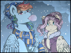 Size: 1280x960 | Tagged: safe, artist:binibean, imported from derpibooru, fluttershy, rainbow dash, pegasus, pony, alternate hairstyle, bubblegum, clothes, coat, duo, female, food, gum, hat, looking up, mare, masculine mare, scarf, snow, snowfall, striped scarf, winter outfit