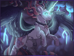 Size: 1280x960 | Tagged: safe, artist:binibean, imported from derpibooru, twilight sparkle, alicorn, pony, equestria girls ponified, female, flying, glowing, glowing eyes, glowing horn, horn, lightning, mare, masculine mare, midnight sparkle, ponified, solo