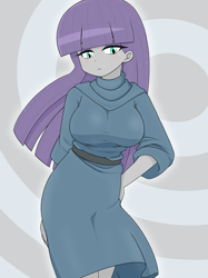 Size: 1882x2512 | Tagged: safe, artist:batipin, imported from derpibooru, maud pie, human, equestria girls, abstract background, breasts, busty maud pie, female, hand on hip, looking at you, simple background, solo