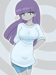 Size: 1882x2512 | Tagged: safe, alternate version, artist:batipin, imported from derpibooru, maud pie, human, equestria girls, abstract background, breasts, busty maud pie, female, hand on hip, looking at you, simple background, solo
