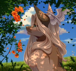 Size: 2200x2061 | Tagged: safe, artist:ohhoneybee, imported from derpibooru, oc, oc only, pony, bust, dappled sunlight, female, flower, mare, portrait, solo, wing ears, wings