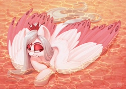 Size: 4096x2896 | Tagged: safe, artist:amishy, imported from derpibooru, oc, oc only, oc:oaky leaf, pegasus, pony, colored wings, colored wingtips, eyeshadow, high res, lidded eyes, lying down, makeup, male, partially submerged, pegasus oc, prone, smiling, solo, stallion, water, wings, wings down
