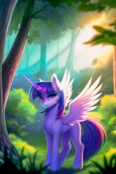Size: 1152x1728 | Tagged: safe, imported from derpibooru, twilight sparkle, alicorn, pony, ai content, ai generated, female, forest, generator:novelai, generator:stable diffusion, grass, horn, mare, outdoors, prompter:endless--, scenery, solo, spread wings, standing, tail, tree, twilight sparkle (alicorn), wings