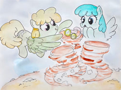 Size: 1911x1414 | Tagged: safe, artist:mandumustbasukanemen, imported from derpibooru, dust devil, spring melody, sprinkle medley, pegasus, pony, amazed, duo, female, goggles, mare, spread wings, tongue out, tornado, traditional art, watercolor painting, wind, wings