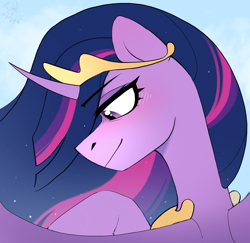Size: 1412x1373 | Tagged: safe, artist:rtootb, imported from derpibooru, twilight sparkle, alicorn, pony, the last problem, bust, crown, cute, digital art, ethereal mane, female, g4, happy, icon, jewelry, looking at someone, looking down, mare, older, older twilight, portrait, princess twilight 2.0, regalia, simple background, smiling, solo, spread wings, twilight sparkle (alicorn), wings
