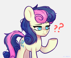 Size: 2152x1756 | Tagged: safe, artist:shelti, imported from derpibooru, bon bon, sweetie drops, earth pony, pony, bon bon is not amused, colored pupils, female, mare, question mark, raised hoof, signature, simple background, solo, standing, unamused, underhoof, white background