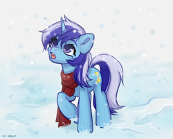 Size: 2500x2000 | Tagged: safe, artist:shelti, imported from derpibooru, minuette, pony, unicorn, clothes, colored pupils, cute, female, high res, mare, minubetes, open mouth, raised hoof, scarf, signature, snow, snowfall, solo, standing, winter