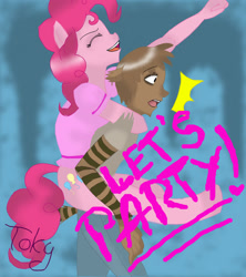 Size: 1024x1155 | Tagged: safe, artist:tokyogirly, imported from derpibooru, pinkie pie, anthro, earth pony, human, raccoon, unguligrade anthro, abstract background, crossover, crossover shipping, female, humanized, male, off model, regular show, rigby, rigbypie, shipping, straight, text
