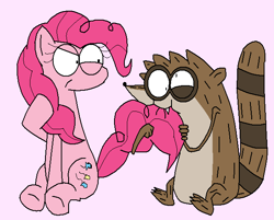 Size: 615x495 | Tagged: safe, artist:calliexsunshine, imported from derpibooru, pinkie pie, earth pony, pony, raccoon, angry, biting, crossover, crossover shipping, derp, female, male, pink background, raised tail, regular show, rigby, rigbypie, shipping, simple background, straight, tail