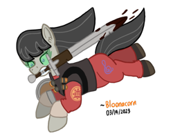 Size: 561x448 | Tagged: safe, artist:bloonacorn, imported from derpibooru, octavia melody, earth pony, pony, /mlp/ tf2 general, blood, chargin' targe, demoknight, demoman, eyelander, female, mare, mouth hold, shield, simple background, solo, sword, team fortress 2, transparent background, weapon