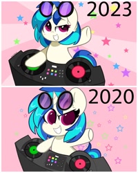 Size: 1080x1350 | Tagged: safe, artist:kittyrosie, imported from derpibooru, dj pon-3, vinyl scratch, pony, unicorn, 2020, 2023, blushing, comparison, cute, dj booth, female, grin, mare, redraw, smiling, solo, stars, vinylbetes