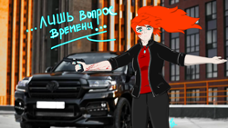 Size: 3840x2160 | Tagged: safe, artist:raw16, imported from derpibooru, oc, oc:ray muller, human, blood, car, city, clothes, collar, gun, humanized, jacket, looking at you, piercing, ponytail, shirt, t-shirt, talking to viewer, toyota, toyota land cruiser, weapon, wind