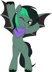 Size: 3590x5000 | Tagged: safe, artist:jhayarr23, imported from derpibooru, oc, oc only, oc:target strike, bat pony, bandana, bat pony oc, bipedal, ear piercing, earring, fangs, jewelry, one eye closed, piercing, simple background, solo, standing, stretching, transparent background, unshorn fetlocks, wink