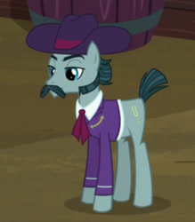 Size: 1511x1727 | Tagged: safe, imported from derpibooru, screencap, turner mccolt, earth pony, pony, season 5, the hooffields and mccolts, clothes, eyebrows, facial hair, hat, male, mccolt family, moustache, sideburns, solo, stallion, suit