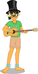 Size: 2000x3886 | Tagged: safe, artist:n0kkun, imported from derpibooru, oc, oc only, oc:myoozik the dragon, human, equestria girls, acoustic guitar, anklet, barefoot, barefooting, bracelet, clothes, commission, feet, glasses, green shirt, guitar, hat, headphones, jewelry, looking at you, male, musical instrument, necklace, shorts, simple background, smiling, solo, toe ring, top hat, transparent background, vector