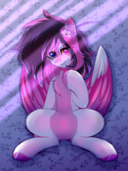 Size: 1867x2500 | Tagged: safe, artist:fluffywhirlpool, imported from derpibooru, oc, oc only, oc:lunylin, pegasus, pony, bed, chest fluff, colored belly, colored wings, commission, cute, eye clipping through hair, eyebrows, eyebrows visible through hair, female, flower, flower in hair, full body, heterochromia, looking at you, lying down, mare, on back, on bed, partially open wings, pegasus oc, raised hoof, smiling, smiling at you, solo, two toned mane, two toned wings, wings
