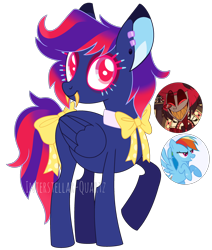 Size: 2584x3048 | Tagged: safe, artist:interstellar-quartz, imported from derpibooru, rainbow dash, oc, deer, deer pony, demon, demon pony, hybrid, original species, pegasus, pony, wendigo, alastor, crossover, crossover ship offspring, crossover shipping, deer demon, female, hazbin hotel, hybrid oc, interspecies, male, neck bow, offspring, parent:alastor, parent:rainbow dash, parents:radiodash, radio demon, radiodash, shipping, simple background, straight, transparent background, wendigo pony