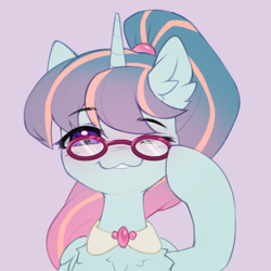 Size: 722x722 | Tagged: safe, artist:astralblues, imported from derpibooru, oc, oc only, oc:earthing elements, alicorn, pony, alicorn oc, chest fluff, female, folded wings, glasses, horn, looking at you, mare, one eye closed, purple background, raised hoof, simple background, solo, wings, wink