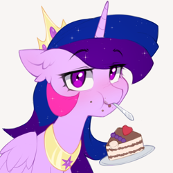 Size: 722x722 | Tagged: safe, artist:astralblues, imported from derpibooru, oc, oc only, oc:morning star, alicorn, pony, alicorn oc, cake, cake slice, crown, eating, female, folded wings, food, horn, jewelry, looking at you, mare, peytral, regalia, simple background, solo, white background, wings