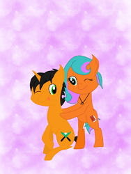 Size: 1944x2592 | Tagged: safe, artist:script singer, imported from derpibooru, oc, oc only, oc:jaded steel, oc:script singer, earth pony, pony, unicorn, couple, earth pony oc, horn, unicorn oc