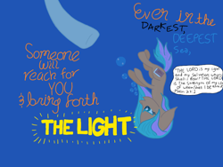 Size: 864x648 | Tagged: safe, artist:script singer, imported from derpibooru, oc, oc only, oc:script singer, earth pony, pony, blue background, bubble, earth pony oc, ocean, quote, simple background, solo, underwater, water